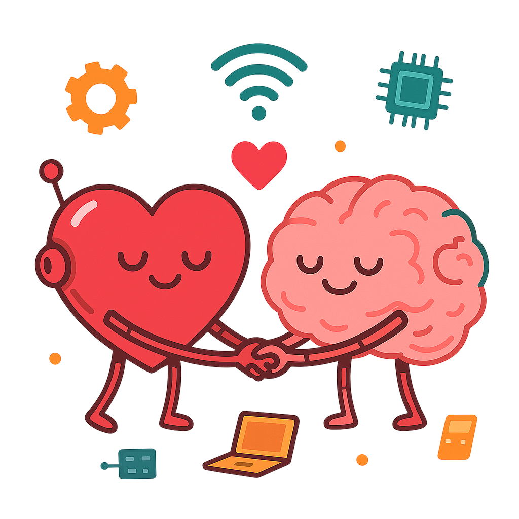 Corazon y cerebro tecnologicos abrazandose