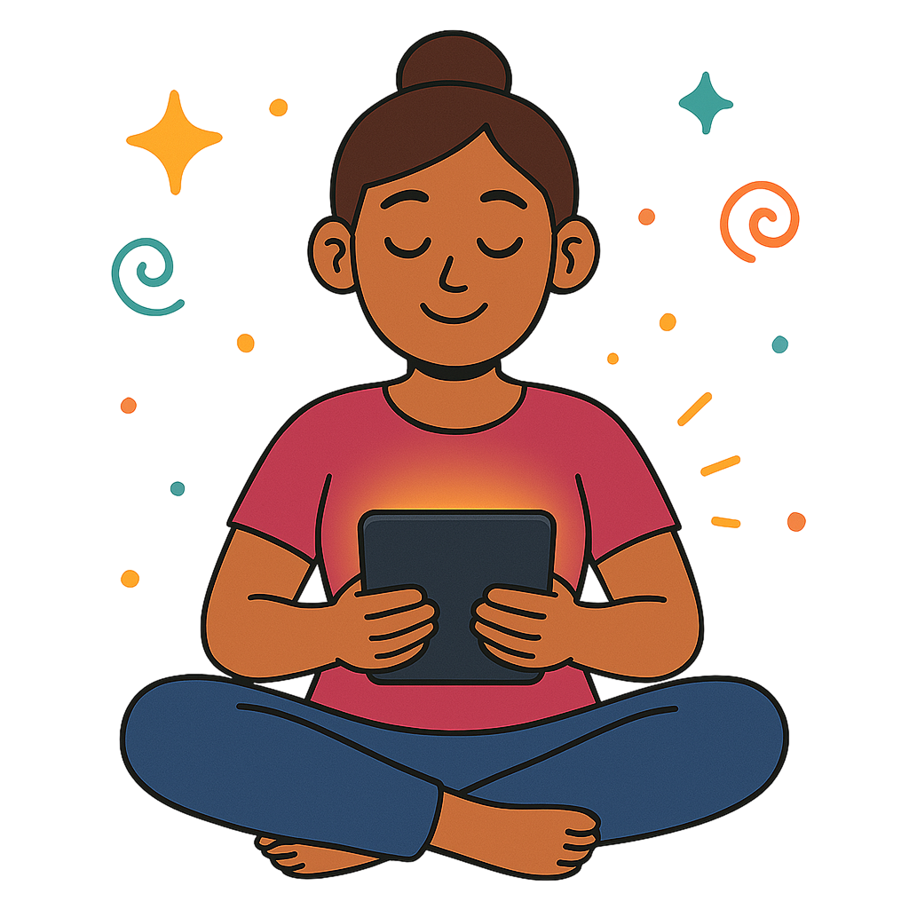 Mujer sentada meditando sosteniendo un aparato